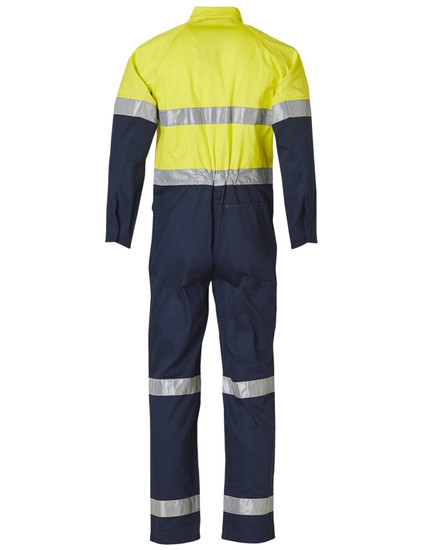 A high-visibility men's lightweight cotton coverall in yellow and navy, featuring reflective 3M tape.