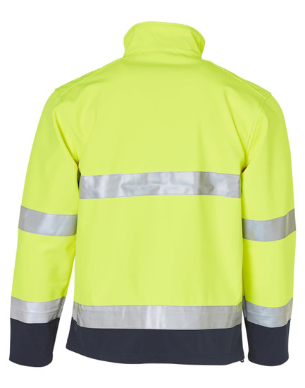 A high-visibility two-tone safety jacket in bright yellow with reflective silver strips and a dark navy base.