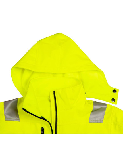 A bright yellow hooded softshell jacket with reflective tape and a detachable hood. Features a zip closure.