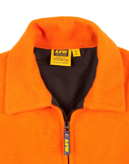 An orange safety jacket featuring a zippered collar and a black inner lining, with a logo present.