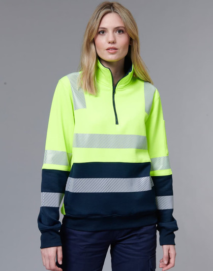 A high-visibility work jumper in fluorescent yellow and navy, featuring reflective strips and a zip-up collar.