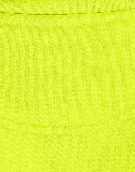 A bright high-visibility yellow work jumper featuring a smooth fabric texture and a logo.