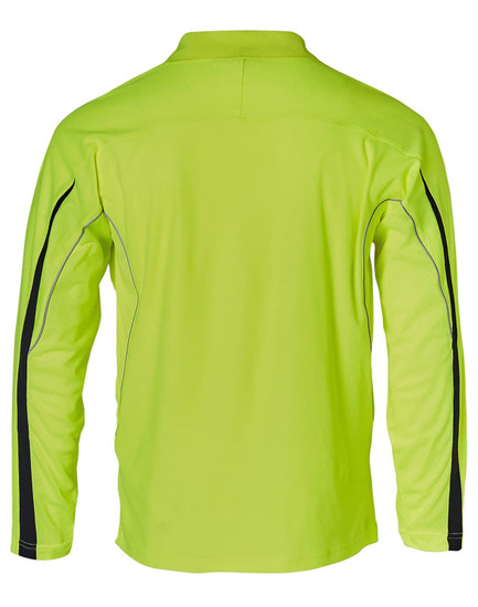 A bright yellow long-sleeve polo shirt with black accents and a logo on the chest.
