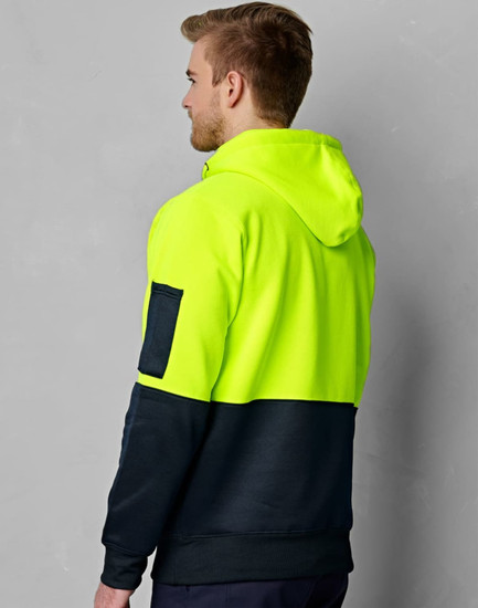 A high-visibility two-tone hoodie in bright yellow and navy, featuring a kangaroo pocket and a brand logo.