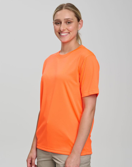 A bright orange safety tee featuring a relaxed fit. The shirt includes a logo. Ideal for high-visibility work environments.