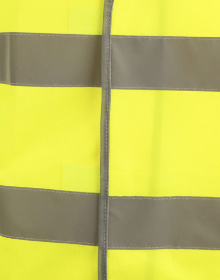 A bright yellow safety vest featuring grey shoulder reflective tapes and a logo.
