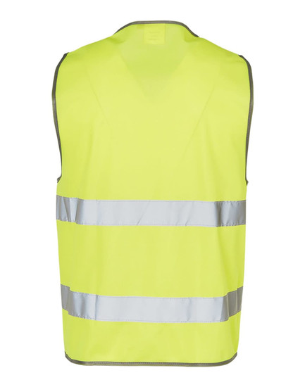 A bright yellow safety vest with reflective tapes along the front and back, featuring a simple design and no sleeves.