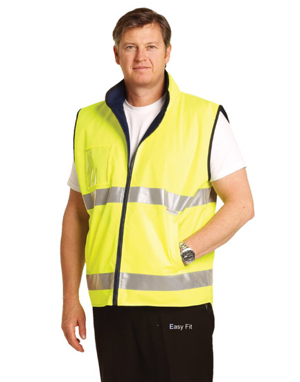 Hi-Vis reversible safety vest in fluorescent yellow featuring reflective 3M tapes, with a mandarine collar design.