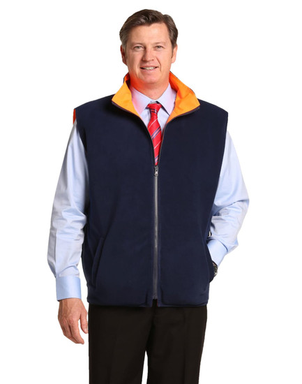 A navy blue reversible safety vest with an orange collar, featuring 3M reflective tape and a zip closure.
