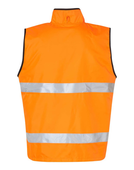 A safety vest in bright orange with reflective silver strips, featuring a reversible mandarine collar and branding.