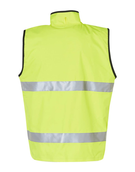 A Hi-Vis yellow reversible safety vest featuring 3M reflective tape, designed for safety wear.