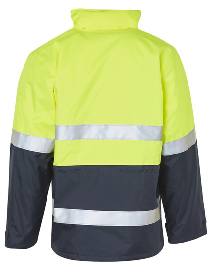 A high-visibility long line safety jacket in bright yellow and navy, featuring reflective 3M tape.