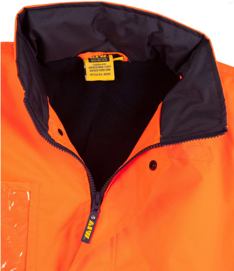 A Hi-Vis long line safety jacket in bright orange with a black inner collar and a zippered front. It features reflective 3M tapes.