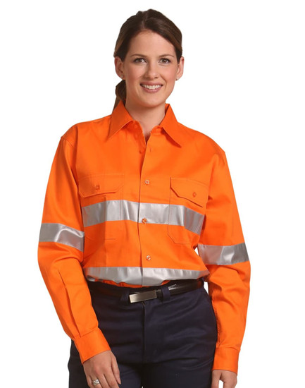 Men's long-sleeve drill shirt in bright orange with reflective 3M tape, featuring two chest pockets and a logo.