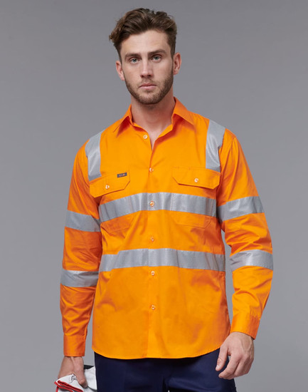 An orange work shirt with reflective silver stripes, featuring two chest pockets and a logo on the front.
