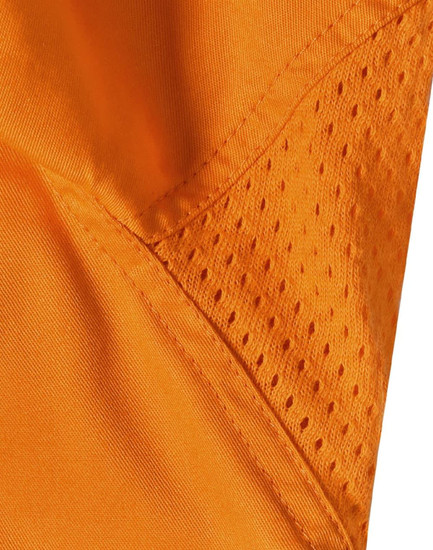 An orange safety shirt featuring mesh panels for breathability, designed for workwear applications.