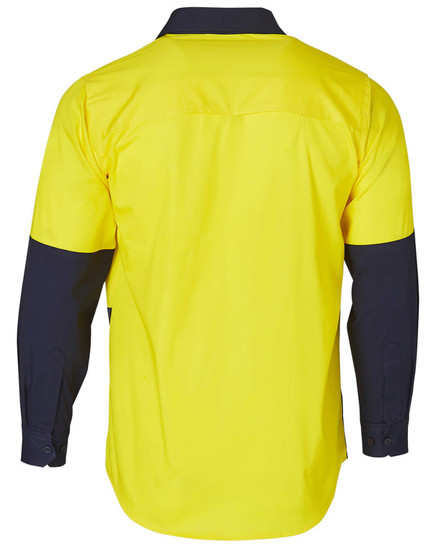A two-tone long-sleeve work shirt featuring a bright yellow body with navy blue sleeves and a logo.