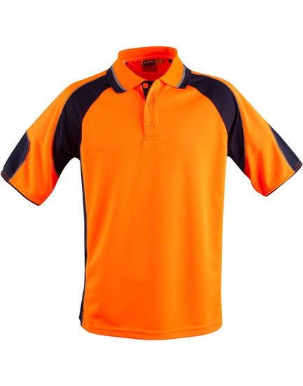 A hi-vis polo shirt in bright orange with navy sleeve panels and a collar, featuring a logo on the chest.