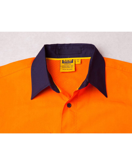 Hi-vis orange long-sleeve shirt with navy collar and 3M reflective tape, featuring branding on the label.