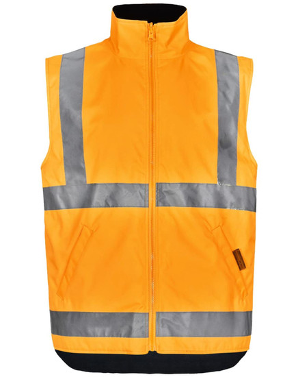 A reversible safety vest in bright orange with reflective stripes and a high collar, featuring two side pockets and a logo.