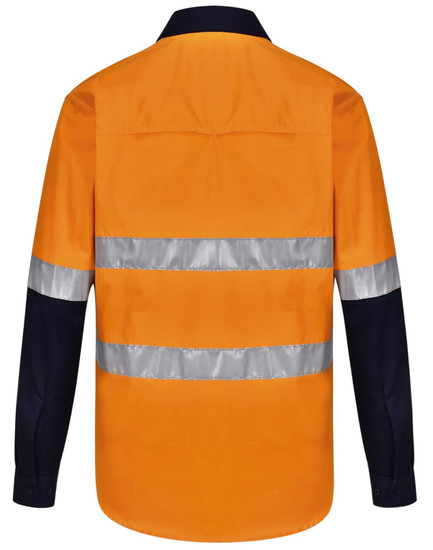 A bright orange long-sleeve safety shirt with navy blue sleeves and reflective tape across the front and back.