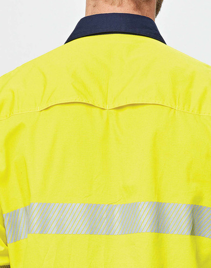 A high-visibility yellow long-sleeve shirt with segmented reflective tape on the back and a navy collar.