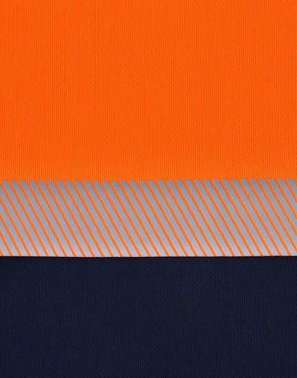 Unisex Cooldry segmented safety polo featuring an orange upper section and a navy lower section with a striped pattern.