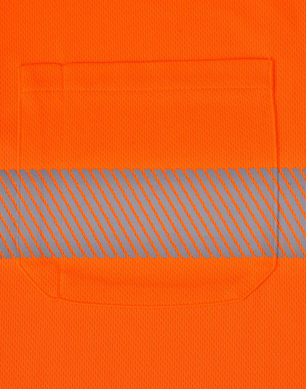 An orange unisex safety polo shirt featuring a grey segmented reflective stripe and a chest pocket.