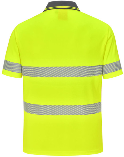 A vibrant yellow unisex polo shirt with segmented reflective stripes and a collar, featuring a logo.