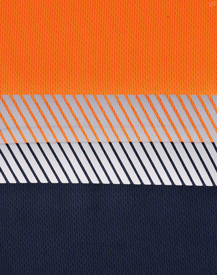 A segmented work polo shirt in vibrant orange and navy, featuring a reflective stripe design and a logo.