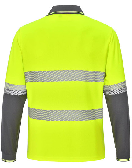 A high-visibility long-sleeve polo in bright yellow with grey accents and reflective stripes, featuring a logo.