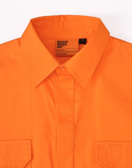 An orange long-sleeve work shirt featuring a closed front design and a logo.