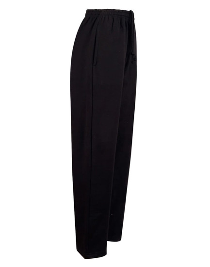 Black adult fleecy track pants with a relaxed fit and elastic waistband. Features include a drawstring and a logo.