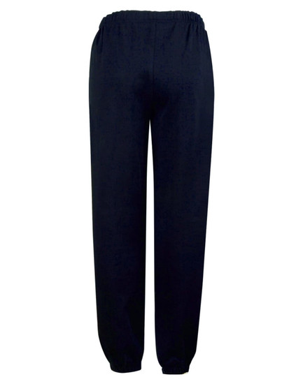 Fleecy navy trackpants with cuffs, knee padding, and an elastic waistband, featuring a logo.