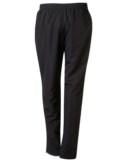 Black adult track pants with an elastic waistband and side pockets. Features a logo on the garment.