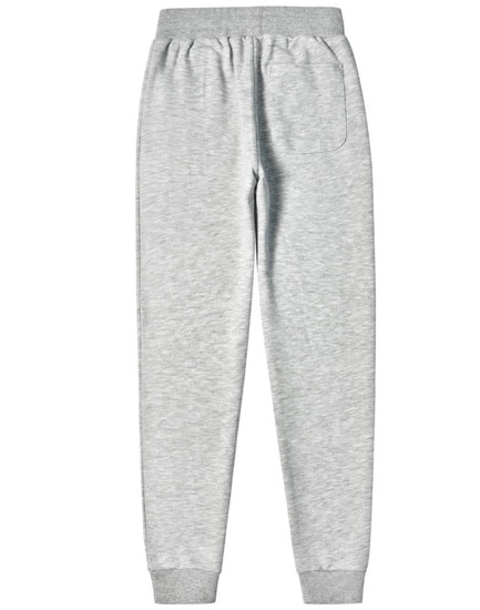 Grey poly/cotton terry sweat pants with an elastic waistband and a back pocket. Features a logo detail.