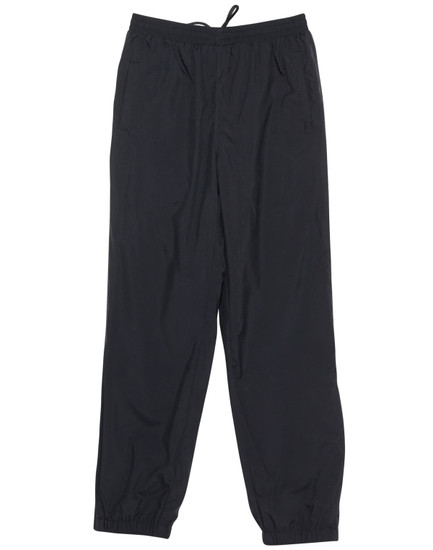 Black track pants with an elastic waistband and drawstring, featuring side pockets and a subtle logo.