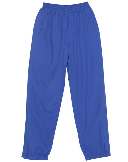 Bright blue kids' track pants with an elastic waistband and side pockets, featuring a logo.