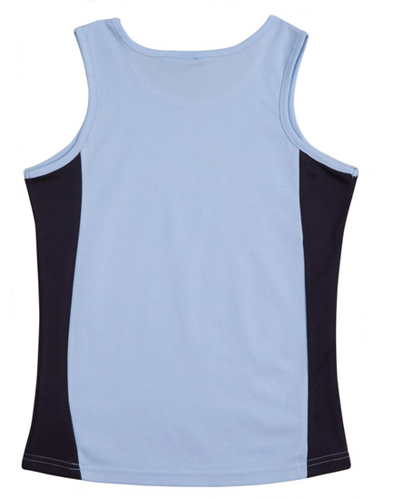 A light blue singlet with black contrast panels on the sides, featuring a logo. Suitable for women's wear.