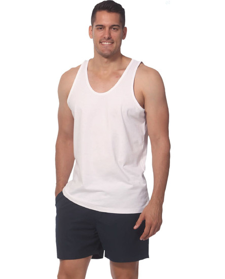 A men's cotton singlet in white, featuring a relaxed fit and accompanied by black shorts. It has a logo on the garment.