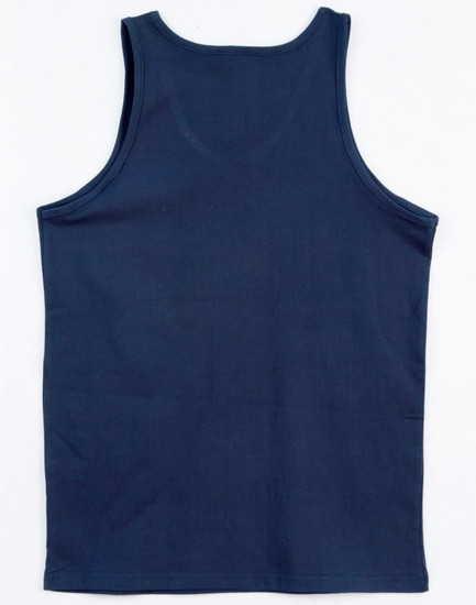A plain navy blue men's cotton singlet with a simple, sleeveless design and no visible logos.