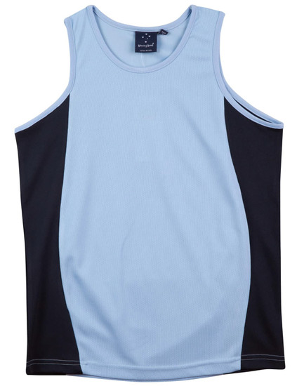 A light blue and black men's singlet featuring a contrast mesh design and a logo.