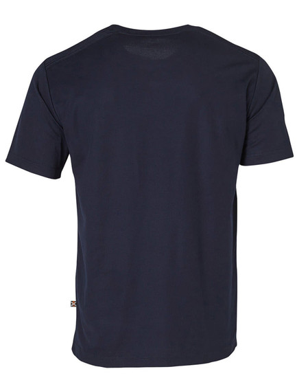 A navy blue short-sleeve work t-shirt featuring a logo on the side. The back view highlights its simple design.