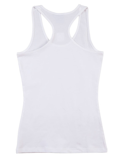 A white ladies' fitted stretch singlet with a racerback design and a logo on the backside.
