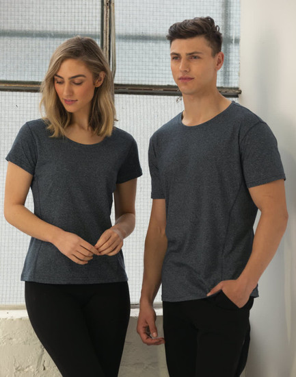 A women's and men's short-sleeve T-shirt in cool heather grey, featuring a logo on the shirt.
