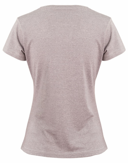 A grey heather women's short-sleeve T-shirt featuring a fitted design and a logo on the back.