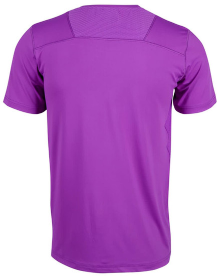 A purple Men's Cooldry Stretch Tee with a textured back and short sleeves, featuring a logo.