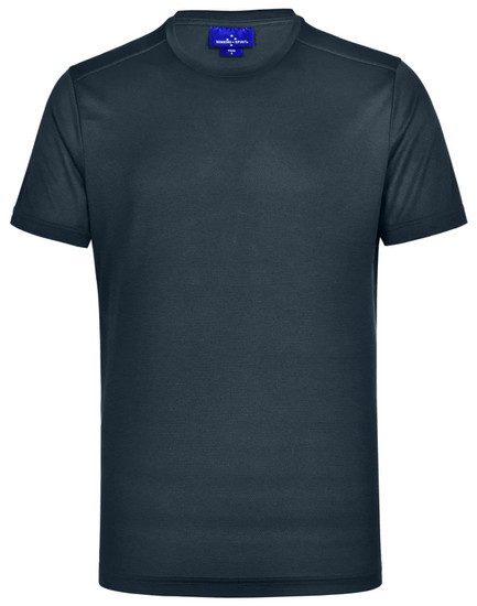 A navy blue men's short-sleeve performance t-shirt featuring a brand logo. Made from lightweight fabric.
