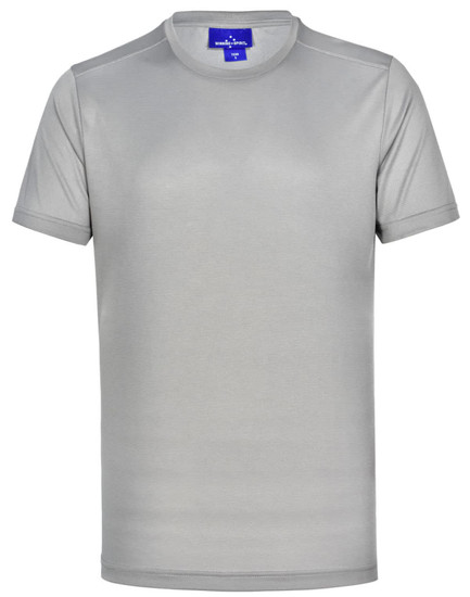 A short-sleeve, ultra-lightweight performance t-shirt in grey, featuring a logo on the neckline.