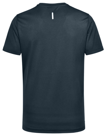 A men's short-sleeve performance tee in navy blue, featuring a logo on the back. Lightweight design suitable for activewear.
